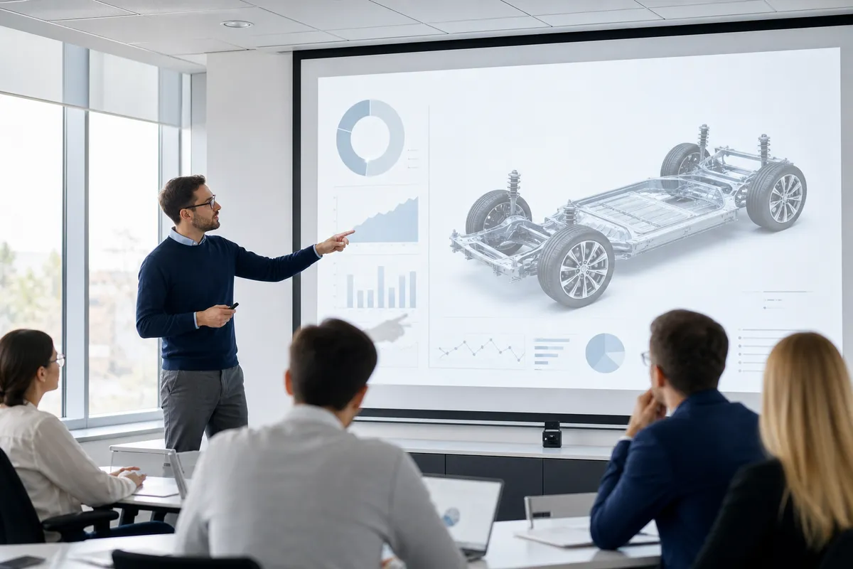 Präsentationsbildschirm mit Diagrammen und Fahrzeugsilhouette in hellem Raum